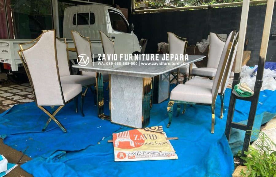 meja makan marmer desain metal frame mewah set 8 kursi
