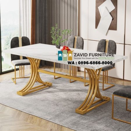 meja makan marmer persegi panjang putih stainless unik salur gold