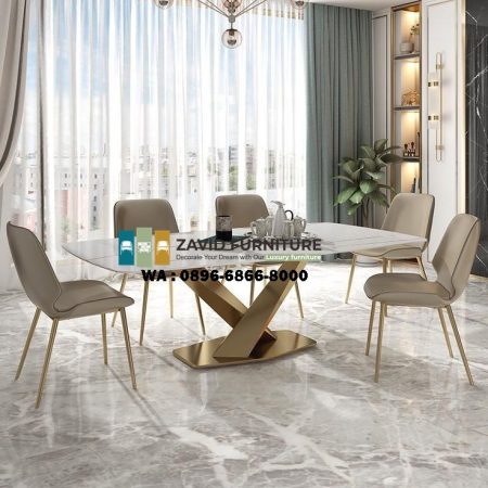 meja makan marmer putih stainless gold silang