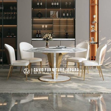 set meja makan marmer bulat kombinasi stainless gold cantik