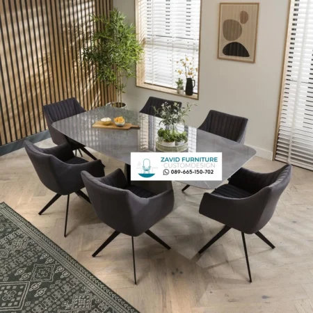 Meja Makan Marmer 6 Kursi Kaki Stainless Purworejo