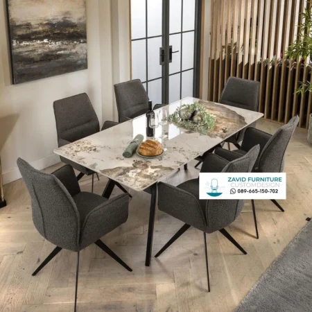 Meja Makan Marmer Corak Kaki Stainless Mewah Pasuruan