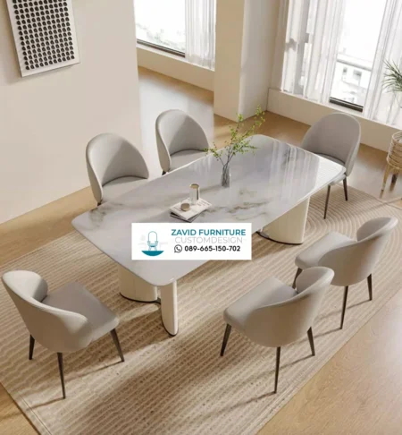 Meja Makan Marmer Kaki Stainless Elegan Karawang